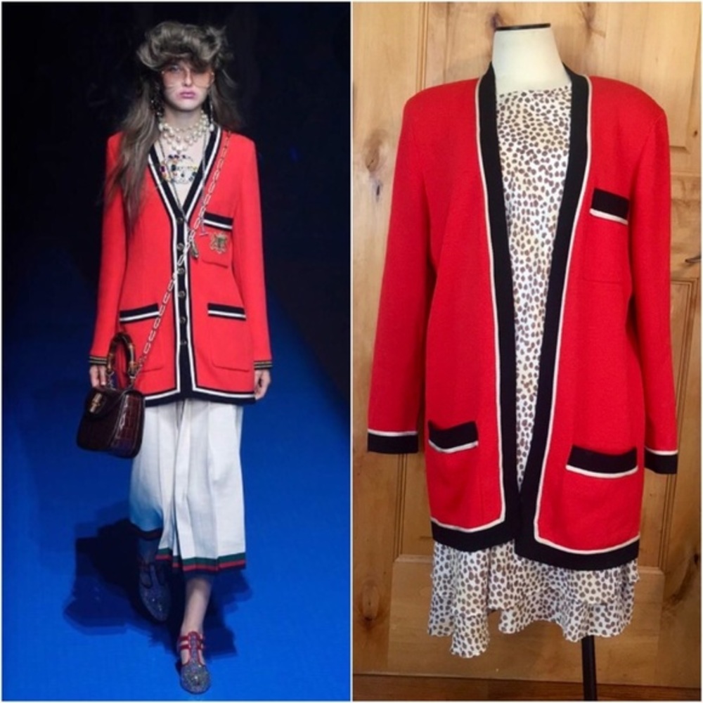ST JOHN By MARIE GRAY Sportswear 3-Pocket Red Blk Ecru Open Cardigan Jckt EUC  M